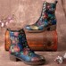 Socofy Women Retro Floral Printing Leather Comfy Chunky Heels Lace Up Mid  calf Boots