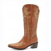 Women Retro Floral Animal Embroidery Leather Pointy  toe V  Cut Chunky Heel Mid  calf Knight Boots