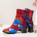 SOCOFY Fashion Flowers Printed Suede Warm Lined Elastic Slip On Chunky Heel Short Boots