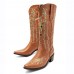 Women Retro Floral Animal Embroidery Leather Pointy  toe V  Cut Chunky Heel Mid  calf Knight Boots